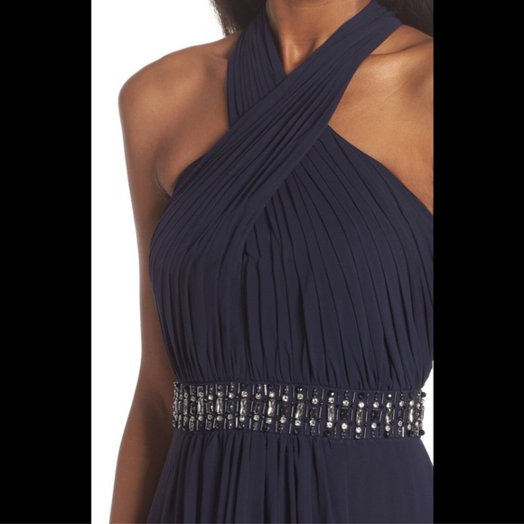NWT $248 Eliza J Halter Pleated Cross Neck Gown‎ in Navy Blue [SZ 6 ] - Picture 2 of 8